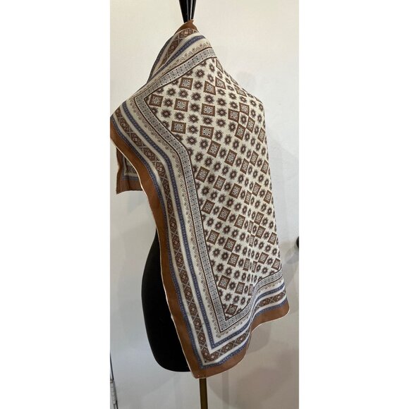 Vtg 1960's Silk Scarf Geometric And Paisley Pattern Blue Brown & Beige 32" x 31" - Picture 5 of 9